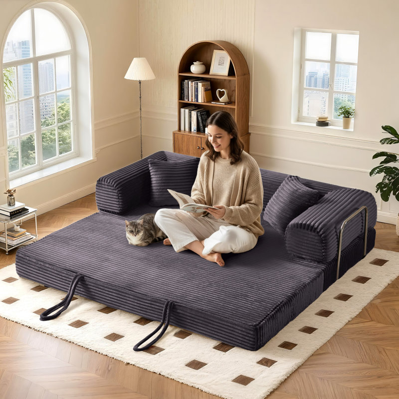 78" King Size Convertible Sleeper Sofa Bed With 2 Pillows, Corduroy Folding Mattress Couch, No Assembly Required , Floor Sofa Lounge Couch For Living Room Small Spaces