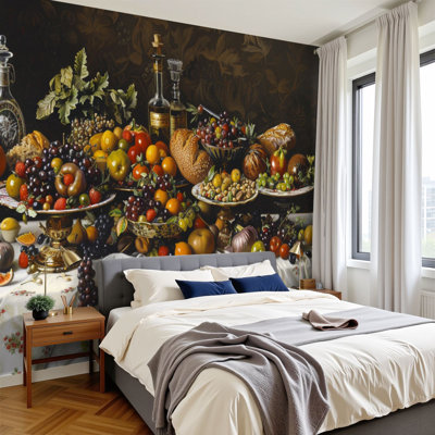 Peel and Stick Wallpaper Food Fruit Dining Brown Various Fruit Table Picture Print Living Room Wall Murals 100"H x 144"W Removable PVC Wall Paper Self-Adhesive Wall Decor for Bedroom Living Room Home Office