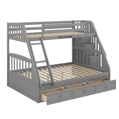 Contemporary Wood Twin Over Full Bunk Bed  With 3-Drawer Storage Staircase & Ladder