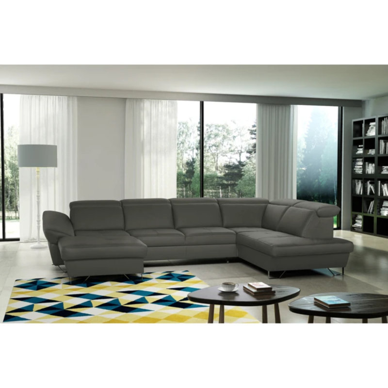 Natron Leather Corner U-form Sofa with Sleeping Function and Storage , Right Hand Facing, Grey