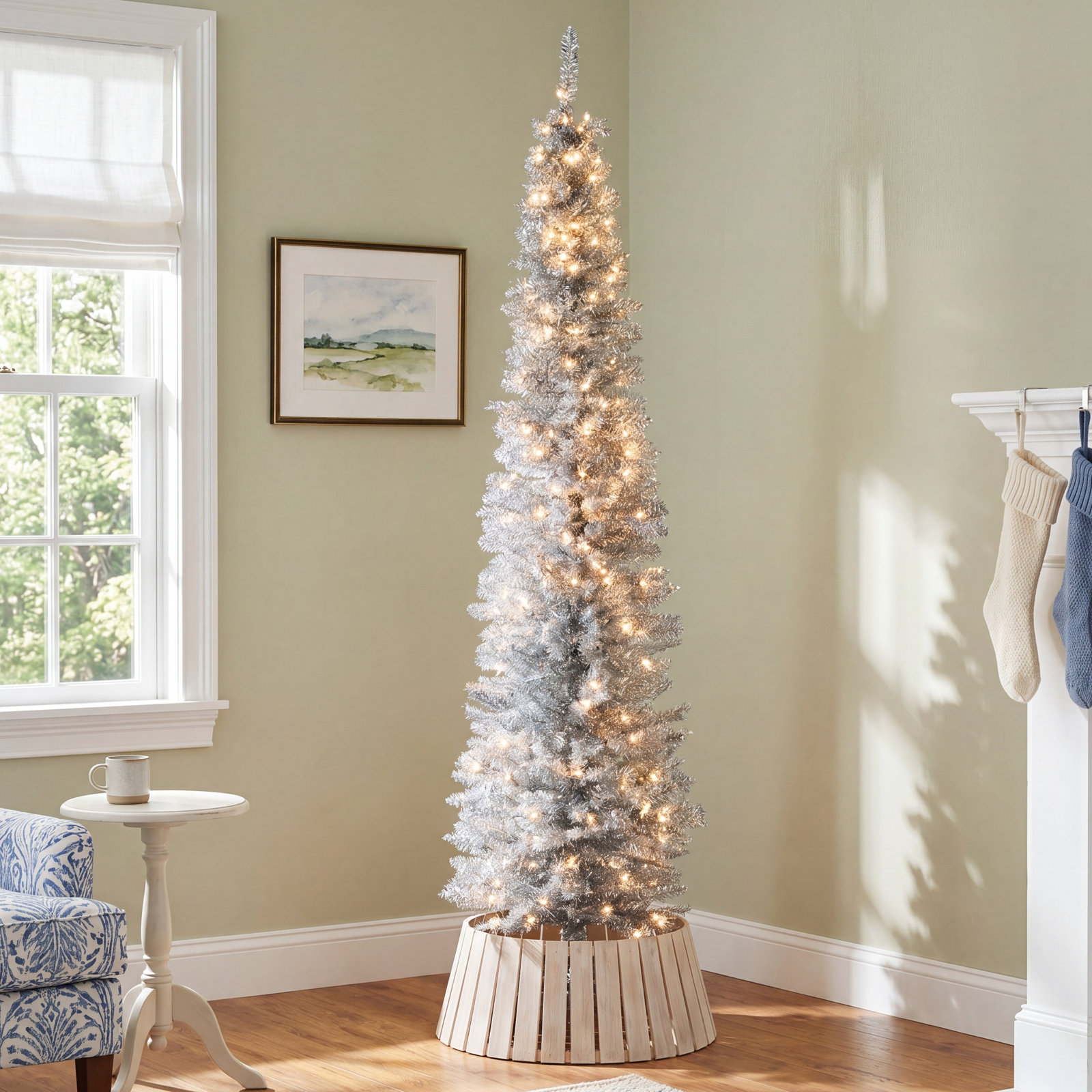 Silver Pre-Lit Pine Christmas Tree, 6'