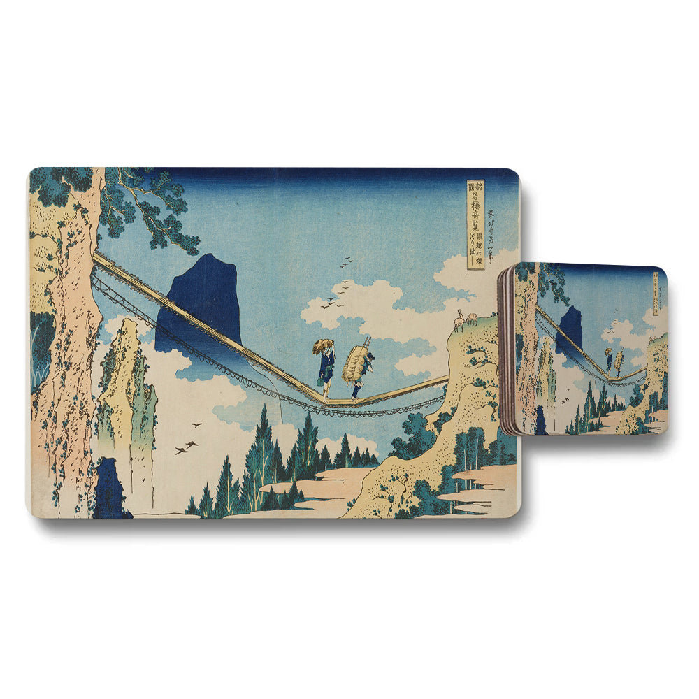 Traditional Japanese Ukiyoe Bridge Scene Placemat And Coaster Set