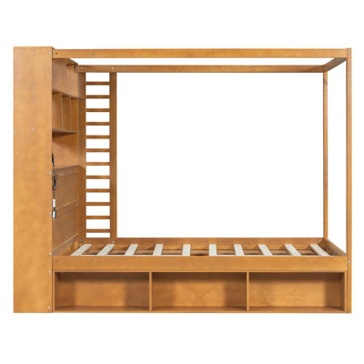 Cadre de lit à baldaquin en bois avec tête de lit bibliothèque, prises USB et lumières à DEL intelligentes RVB, lit plateforme avec casiers de rangement sous le lit