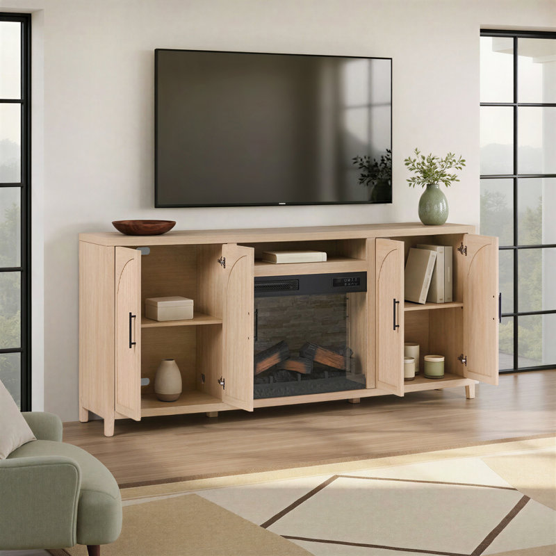 Meuble télé moderne Sasha de 80 po à cannelures avec foyer électrique intelligent Duraflame® et commande vocale Alexa et application.