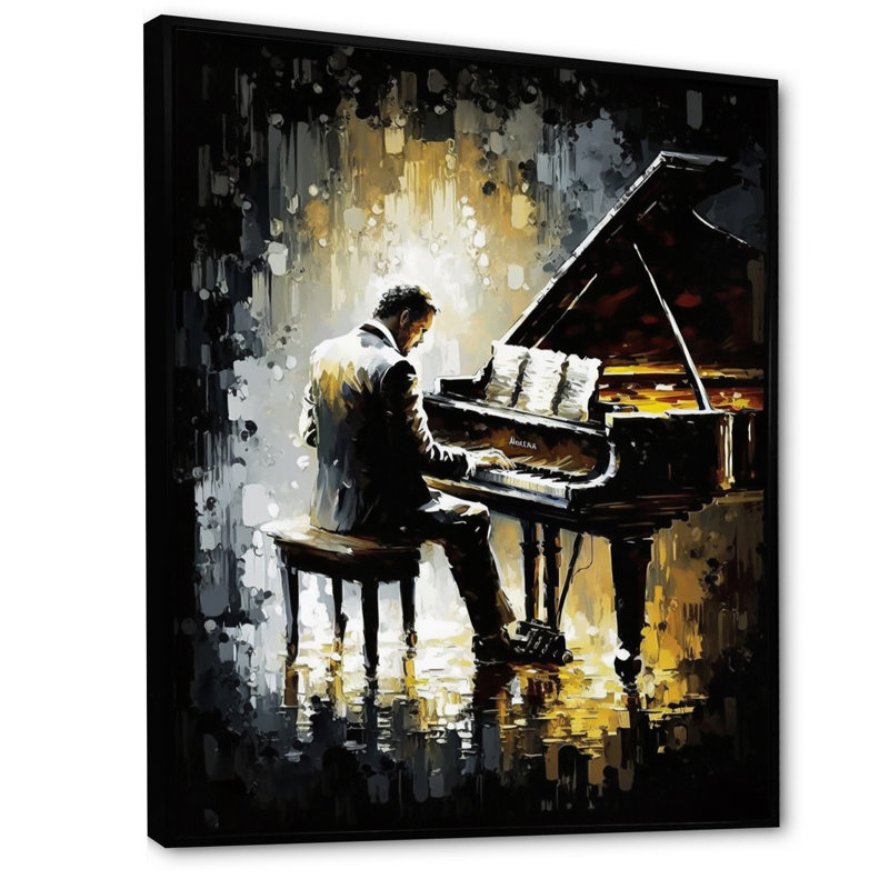 Homme jouant du piano II - musique, art mural, L 30 po x H 40 po, Toile avec cadre flottant noir
