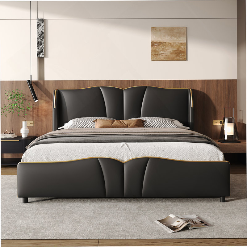 Cadre de lit tapissier grand en cuir, cadre de lit moderne avec tête de lit à oreilles, lit plateforme tapissier avec pied de lit ondulé, sans sommier, noir