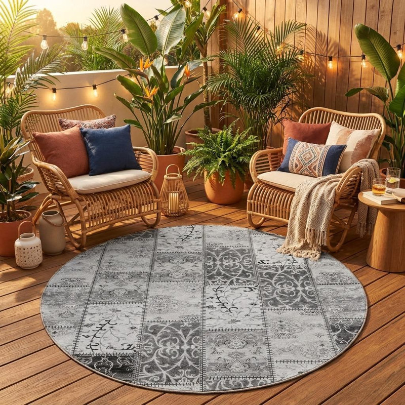 8' Round Gray Round Patchwork Washable Non Skid Indoor Outdoor Area Rug