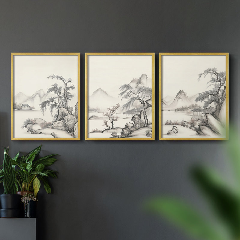 Lanscape Study Series VI -Set de 3 estampes numériques giclées -Prêt à accrocher, Noir, H 10 po x l 24 po