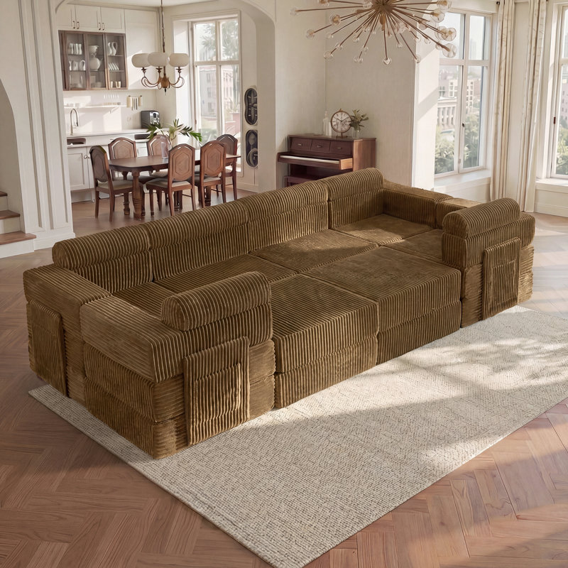 Sisler 8 Piece  141.6" Oversized  U Shape Upholstered  Corduroy Convertible Modular Compression Sofa with Storage Pockets, No Assembly Required