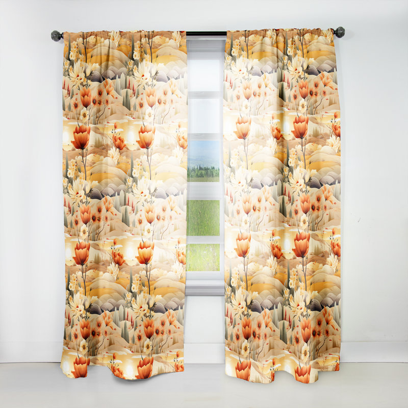 Motif bohème de fleurs de prairie beige I - Rideau floral - Velours obscurcissant - 1 panneau, L 52 po x L 95 po