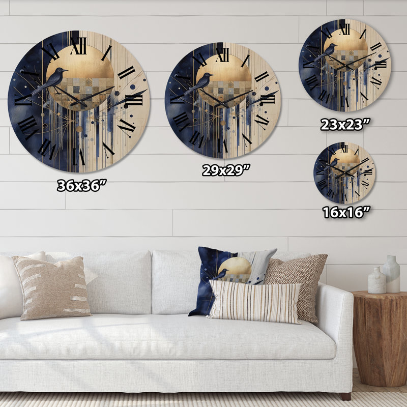 Horloge murale géométrique moderne sur fond bleu foncé et doré à texture abstraite IV, Très grand