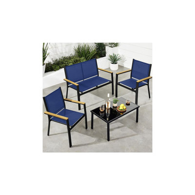 Outdoor PVC-coated polyester Patio Conversation Set – Loveseat And Coffee Table With Steel Frame, Black/Navy