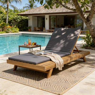 Méridienne de patio en bois massif de 79 po de L 79 po, avec coussin pliable et table d'appoint inclinable pour la piscine, la terrasse ou la cour