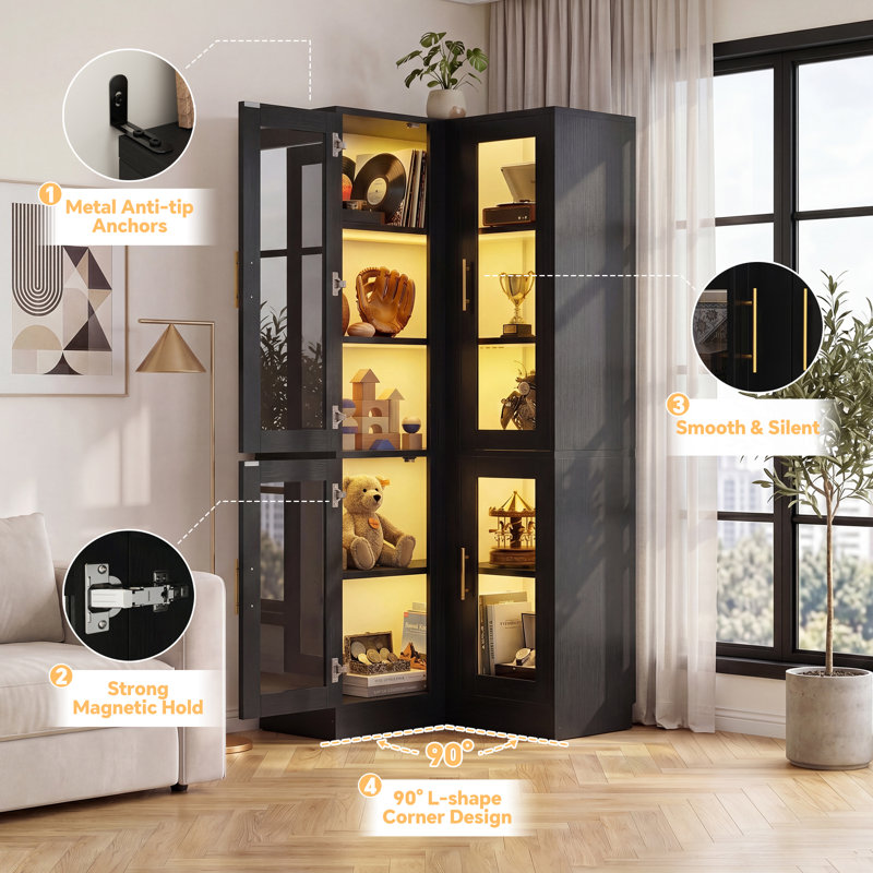 5-Tier Corner Bookcase With Glass Doors, Black