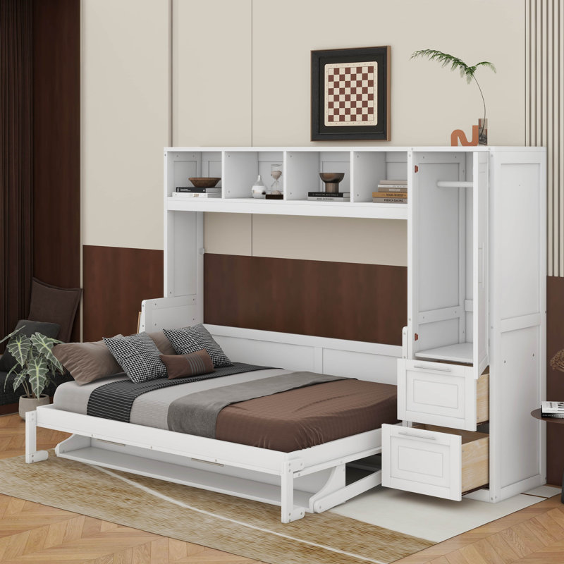 Lit escamotable double avec tiroirs et garde-robe, Blanc