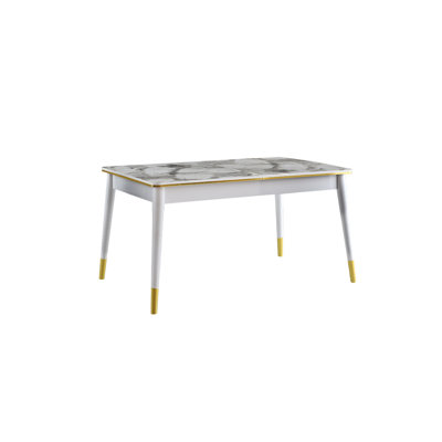 Table de salle à manger extensible, blanche et dorée, 57,5 po x 30,7 po x 31 po | 100% panneau de particules enduit de mélamine, pieds en plastique | Largeur étendue: 71,3 pouces | Conception robuste, capacité de 80,6 lb | Parfait pour les salles à manger et les réceptions modernes