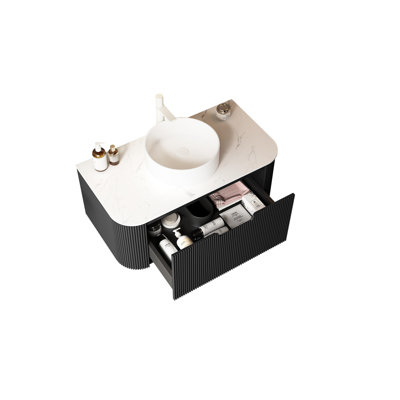 Meuble-lavabo de 36 po avec lavabo - armoire flottante en céramique blanche avec tablette en contreplaqué noir