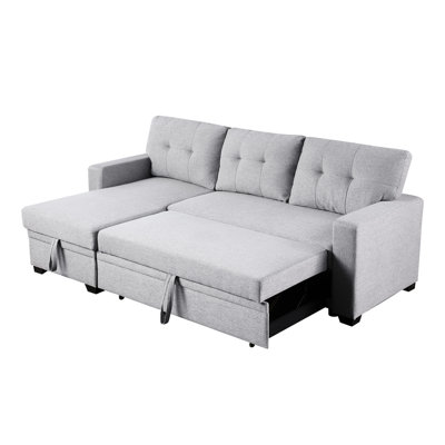 3 - Seat Gray Linen Upholstered Pull Out Sectional With Chaise And Storage, Convertible To Sleeper, Removable Back Cushions For Overnight Guest Hosting Seat, , Chaise, Cushions, Comfort Overnight,
