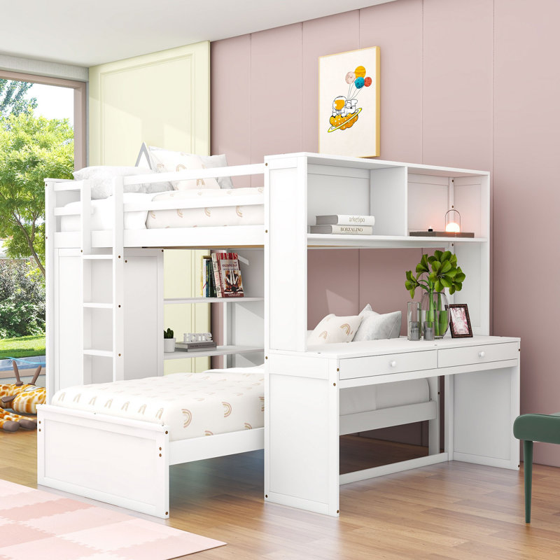 Hockaday Full Over Twin Size Wood Bunk Bed with Shelves,Desk and Wardrobe, White