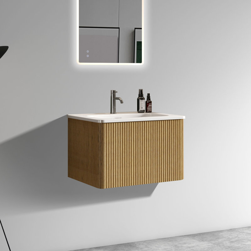 Meuble-lavabo de 24 po - Chêne naturel rayé et lavabo en céramique blanche, Naturel, 24"