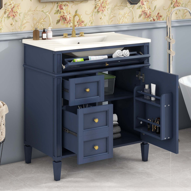 Meuble-lavabo de 30 po avec lavabo supérieur, meuble-lavabo moderne avec 2 tiroirs et tiroir escamotable, meuble-lavabo simple