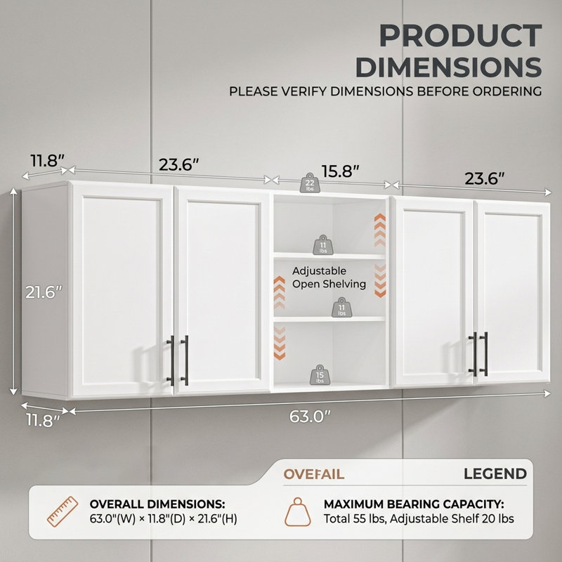 Armoire murale flottante blanche 63 po, armoire de rangement murale suspendue en bois pour la salle de lavage et la cuisine