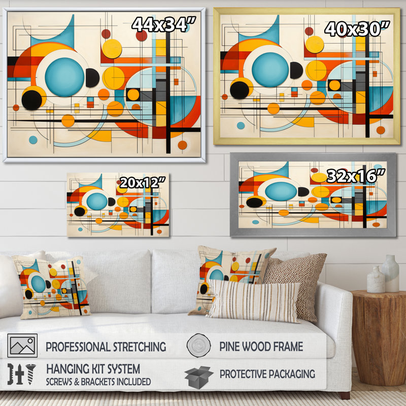 «Orange Blue Mid Century», impression géométrique encadrée sur toile, H 30 po x l 40 po x P 1,5 po, Toile tendue