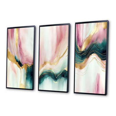 Ensemble d'art sur toile 3 pièces - Géode abstraite rose et marbre vert