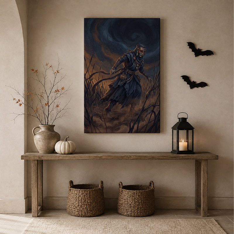 Personnage masqué en robe bleue déchirée au milieu d'une toile murale sèche d'Halloween, 40"H x 28"W