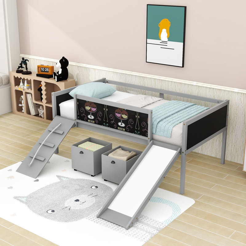 Twin-Size Loft Bed With Climbing Frame, Slide, And Creative Chalkboard, Gray