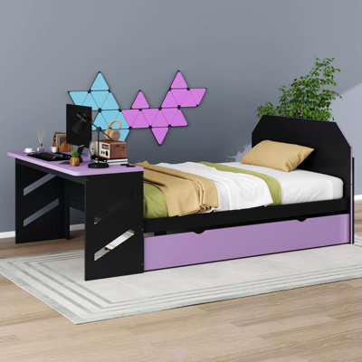Lit de jour en bois avec couchette, cadre de lit en bois de style jeu avec bureau et port USB