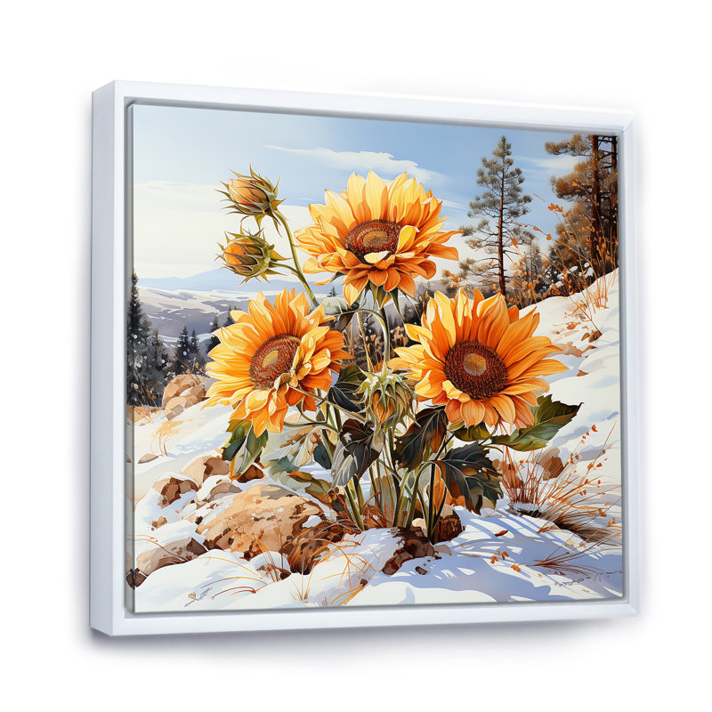 Charme de tournesols en hiver - impression, Cadre flottant blanc, H 16 po x l 16 po x P 1 po