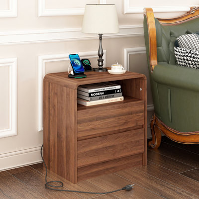 25" Tall Modern Nightstand with Charging Station, 23.6" Wide Wood Bedside Table w/2 Storage Drawers, Large Mid Century End Table for Bedroom, Living Room, Curved Profile Design ( WALNUT )