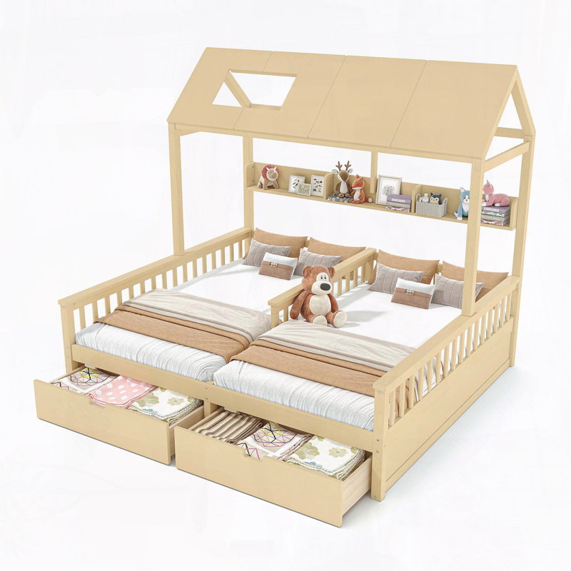 Lit plateforme simple double avec tablettes et tiroirs de rangement - bois massif, aucun sommier nécessaire, Naturel