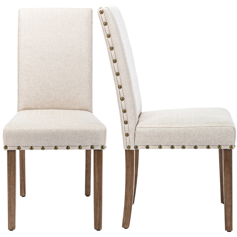 Rucha Linen Elegant Upholstered Kitchen Chairs with Sturdy Rubberwood Legs and Nailhead Trim, Beige