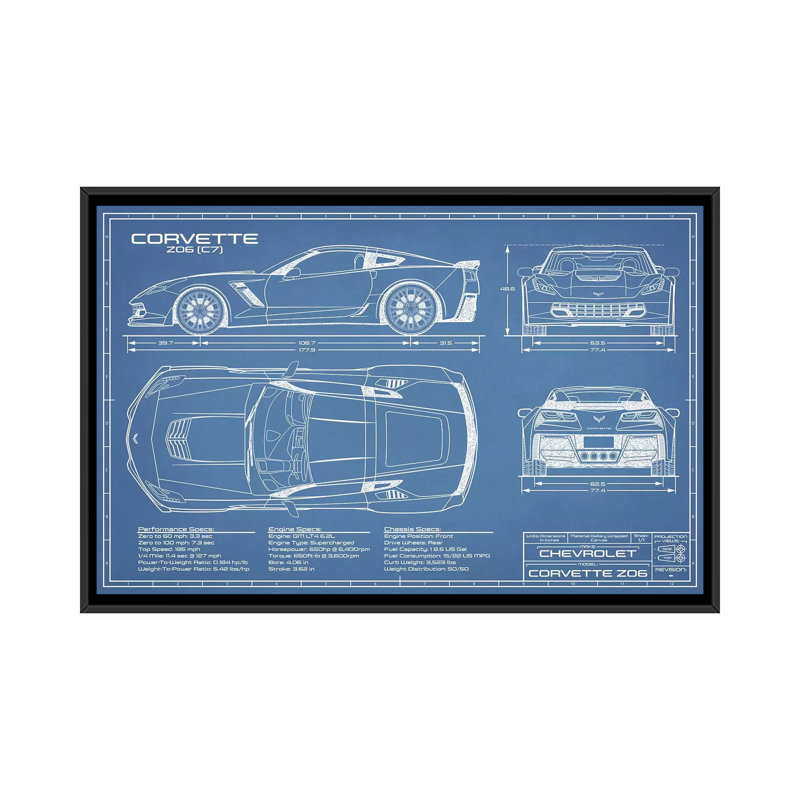 Corvette (C7) Z06 Blueprint - reproduction de dessin sur toile, Pas de tapis, H 26 po x l 40 po x 1,5 po