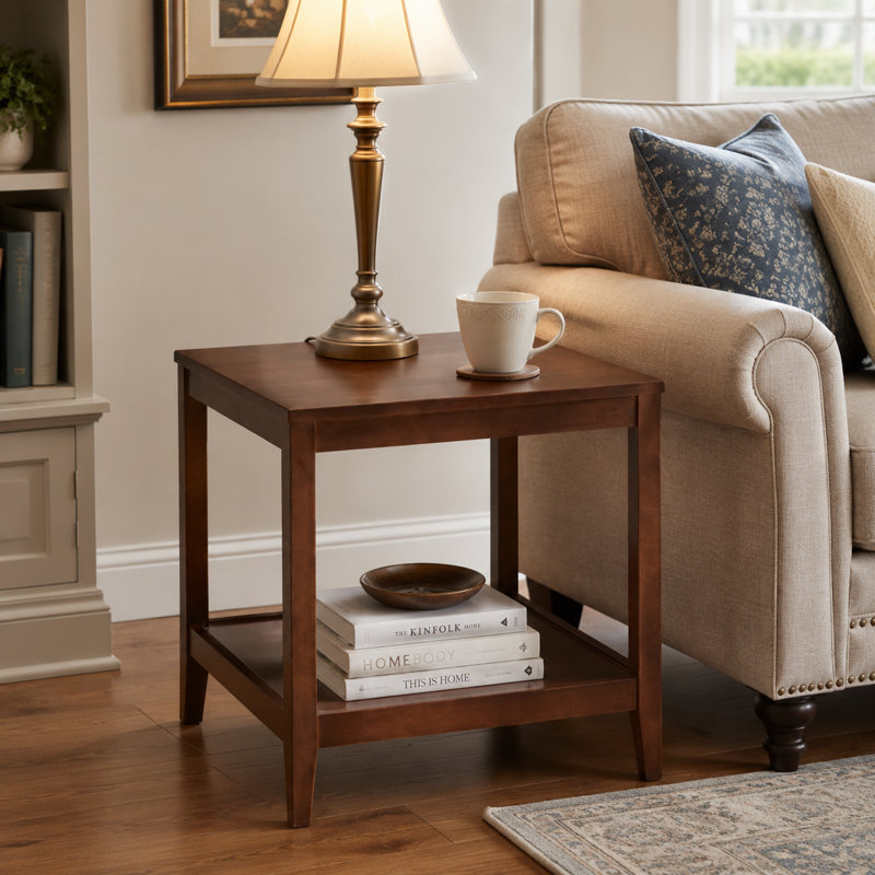 2-Tier Square Solid Wood End Table with Storage Shelf