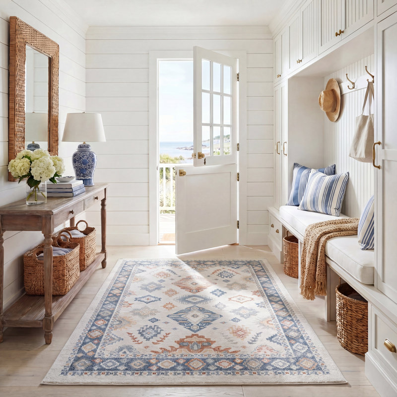 Tapis beige / bleu Huitt lavable 218, Rectangle 5 pi 3 po x 7 pi 6 po