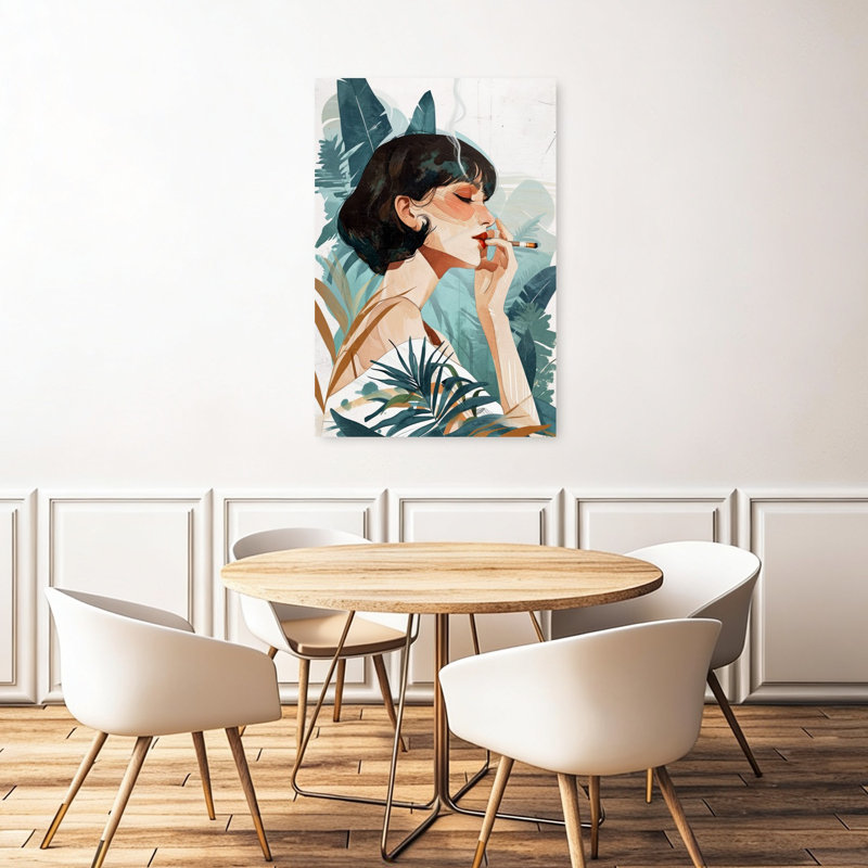 Pensée fumant une femme, abstrait, rétro, paysage rétro, art mural, 48" H x 32" W