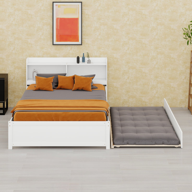 Contemporary Bed With Trundle And Bookcase, Queen, Gray