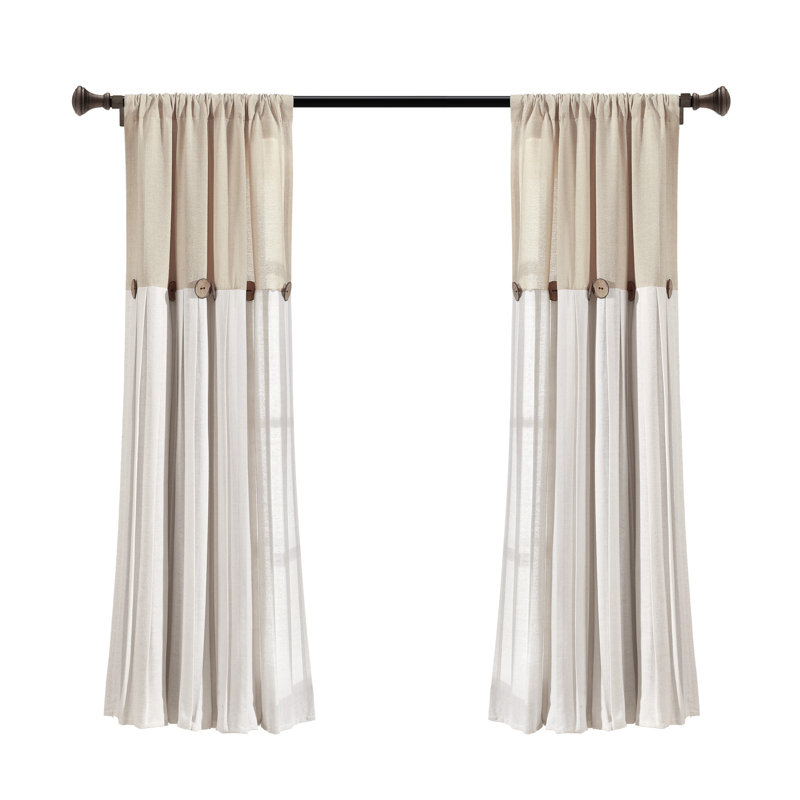 Panneaux de rideaux simples semi-diaphanes en coton mélangé avec passe-tringle, Beige / Blanc