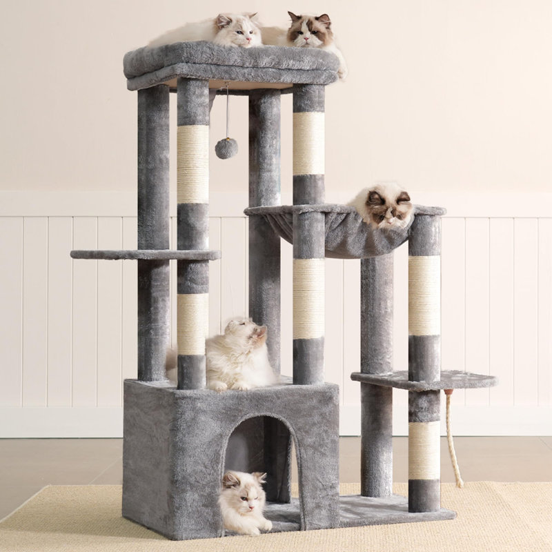 Arbre à chat, grande maisonnette pour chat avec très grande plinthe, mobilier en peluche multi-niveaux avec poteaux à griffer, hamac, gris clair