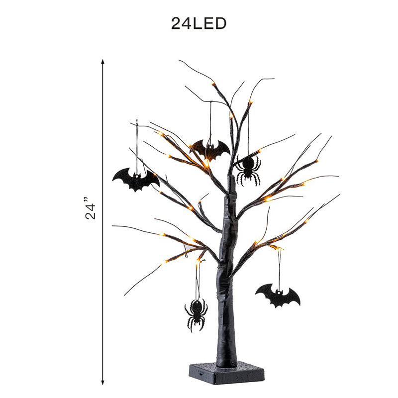 Arbre d'arbre d'Halloween effrayant noir 2 pi avec 24 lumières DEL orange