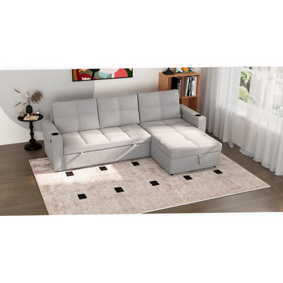 Canapé-lit convertible en tissu, canapé-lit modulaire escamotable avec charge USB et porte-gobelets, canapé-lit en forme de L avec rangement pour le salon (gris clair)