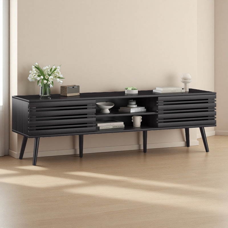 Mid Century Modern TV Stands For Up To 70" TV With Storage, Fluted Wood TV Stand For Living Room, Boho Media Console