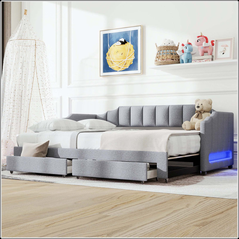 Lit de jour extensible simple TG à très grand avec DEL et tiroirs, Gris