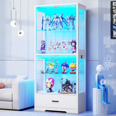  4-Tier Glass Display Cabinet with Pop-Up Glass Door, Motion Sensor LED Lights, Adjustable Shelves and Storage Drawer 