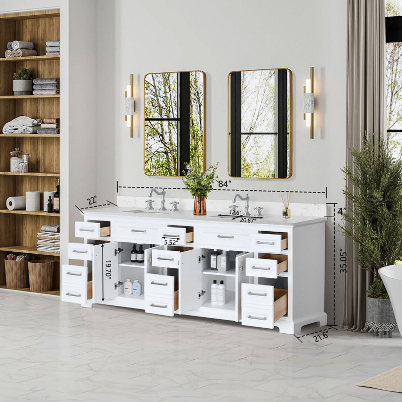 84" White Bathroom Vanity With Engineered Marble Top And Double Sinks