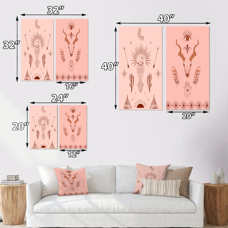 Boho Tribal Elements in Tones of Pink III - ensemble de 2 reproductions, H 20 po x l 24 po x P 1 po, Toile tendue