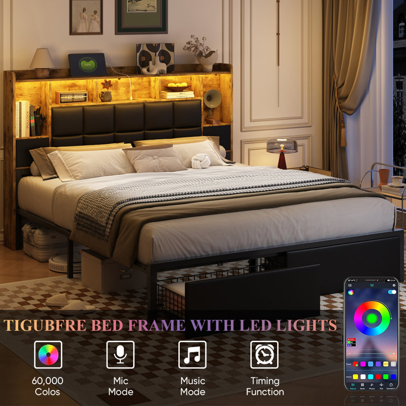 Upholstered LED Platform Bed Frame With Storage Drawers & Bookcase Headboard, Charging Station, Heavy-Duty Metal Slat Support, Noise-Free, No Box Spring Needed